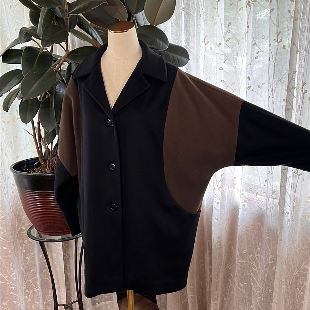 Vintage 80s Wool Colorblock Coat | Black & Brown Oversized Statement Sz [XL] - Picture 2 of 4